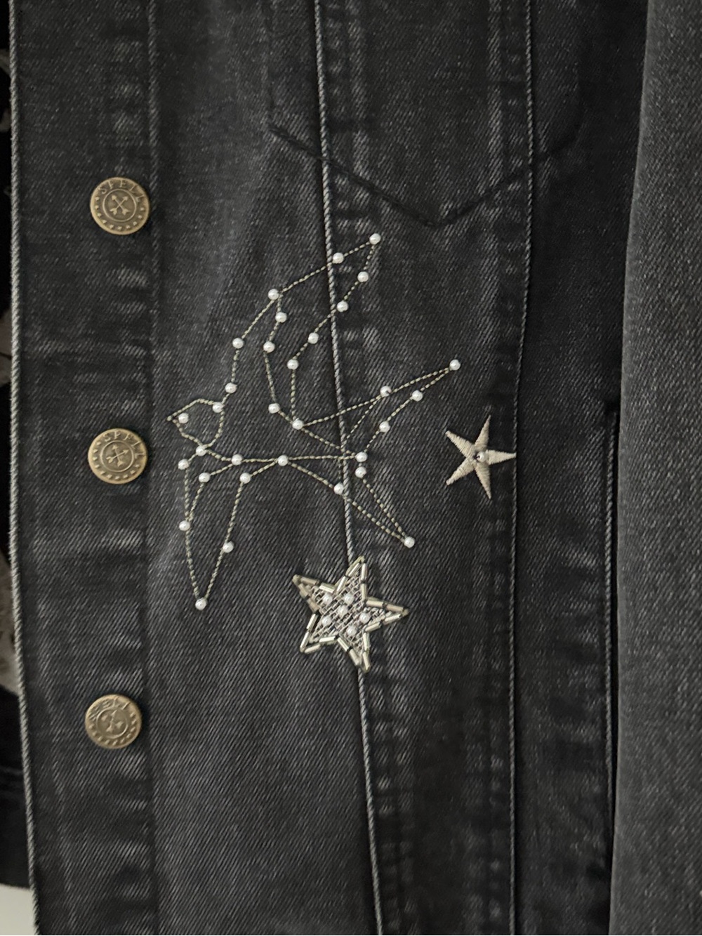Spell Black Embroidered Beaded Denim Jacket size Small Boyfriend cut - Picture 6 of 13